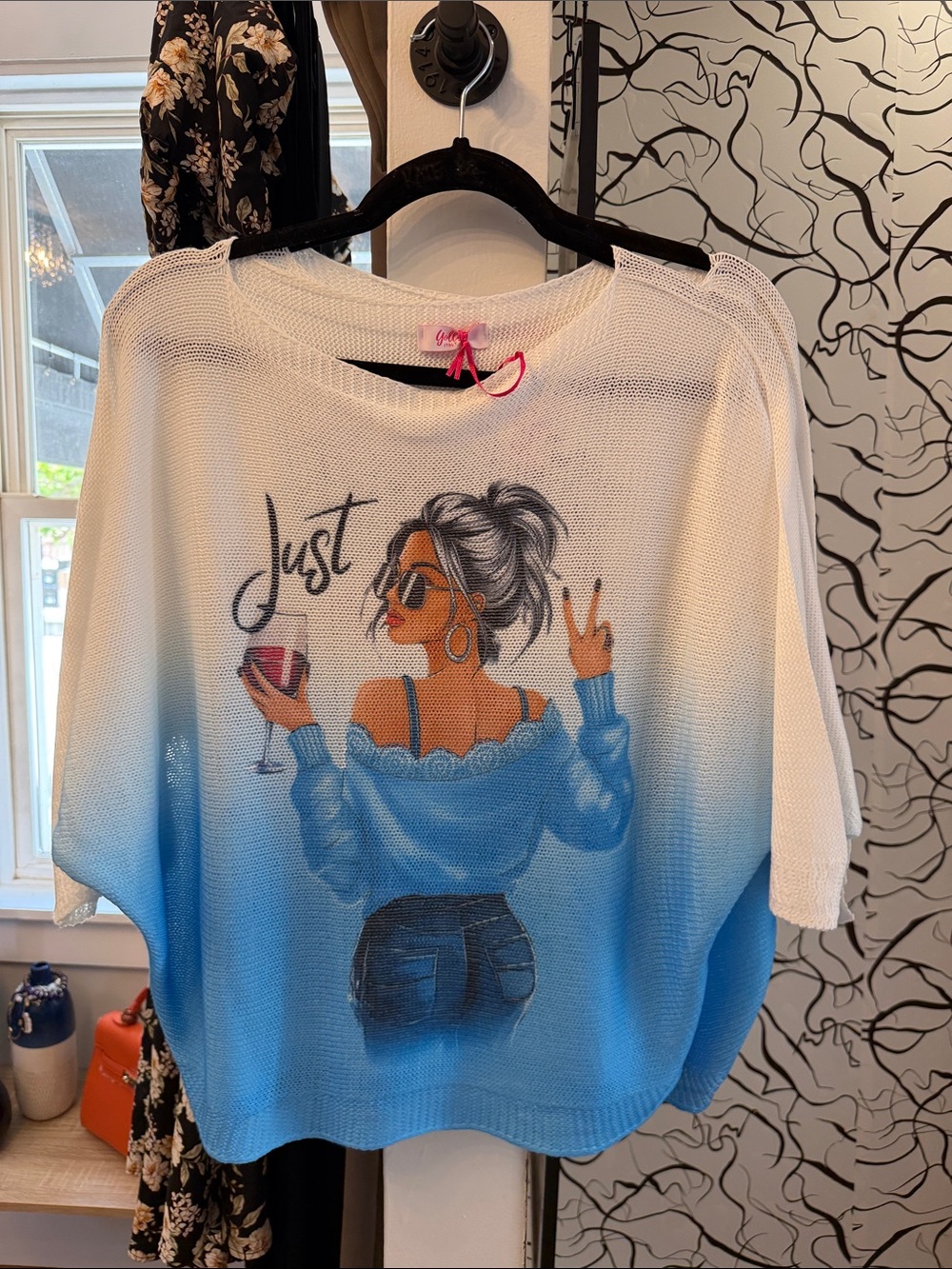 Casual Ombre Knit Top with Graphic Back View - White to Blue